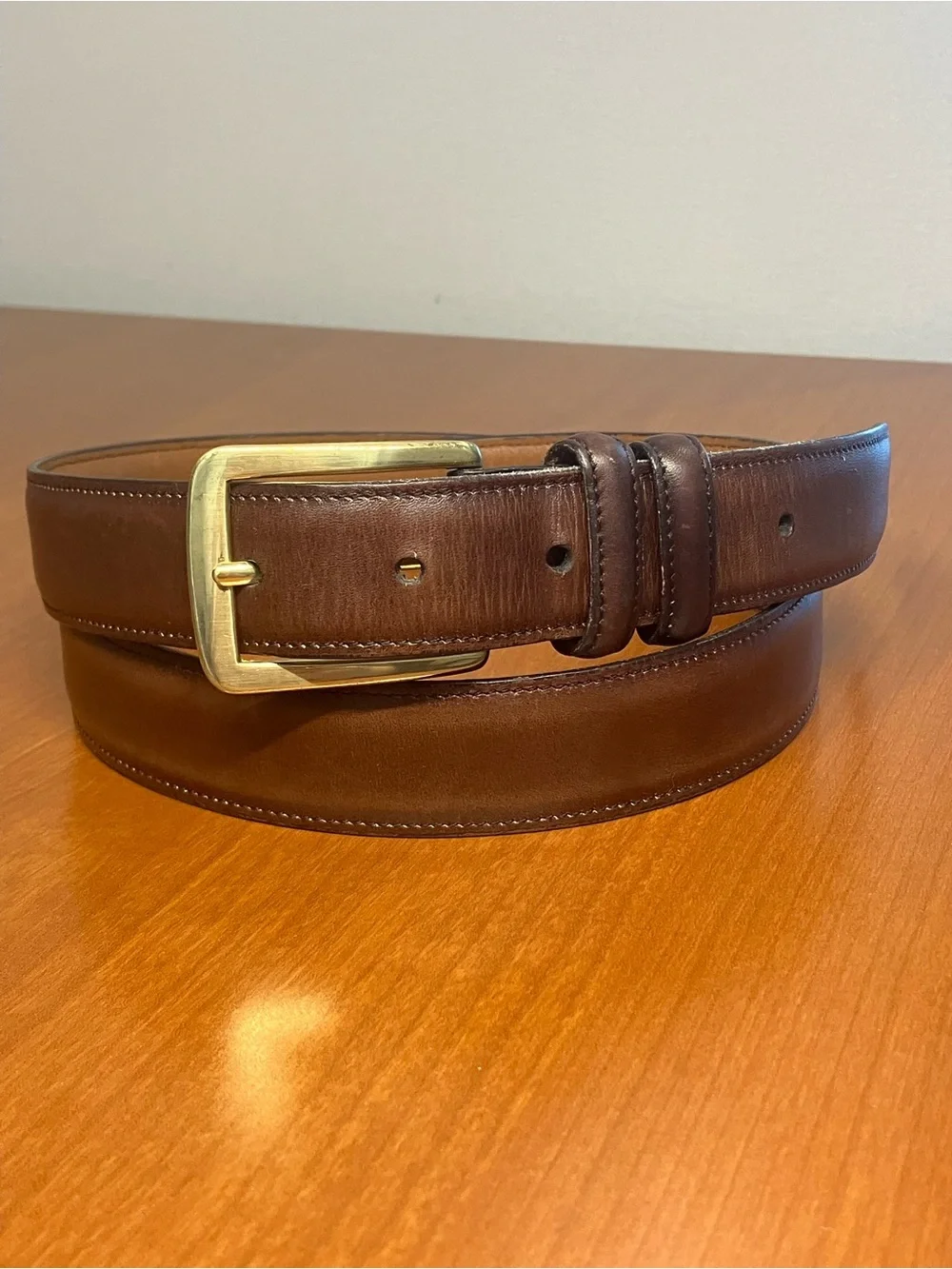 Allen Edmonds 38 burnished calf Cognac Leather Belt Brass Buckle handmade in USA